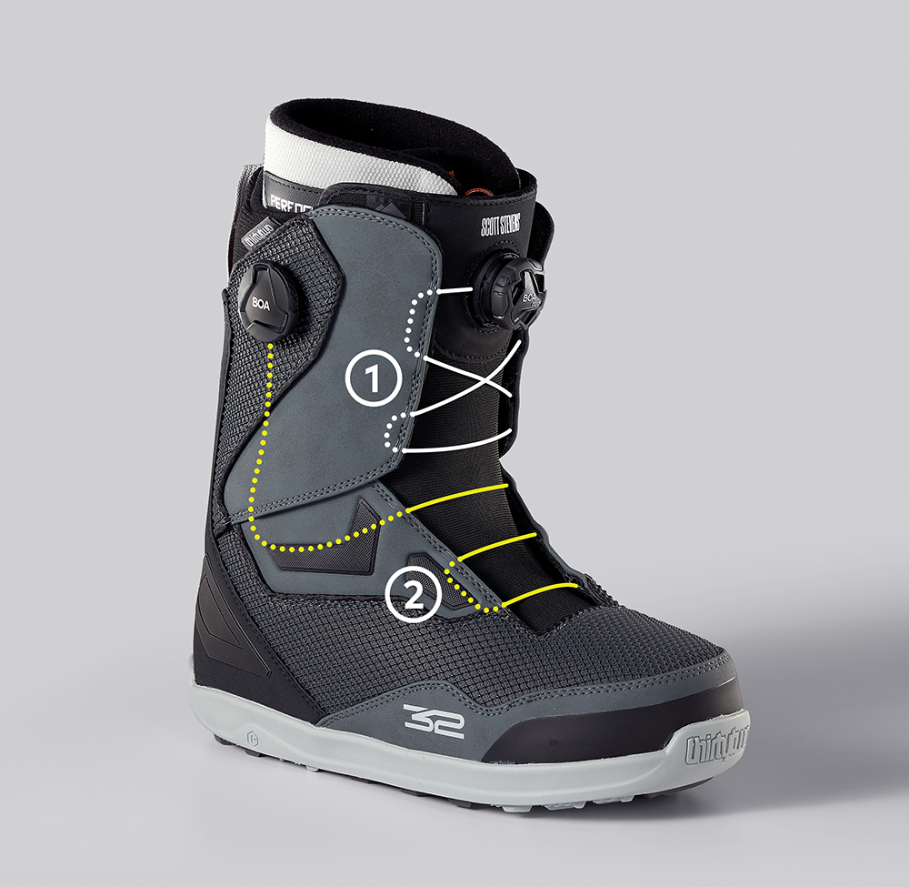 BOA Fit System Dual Zone Snowboard Boot Lace Configuration